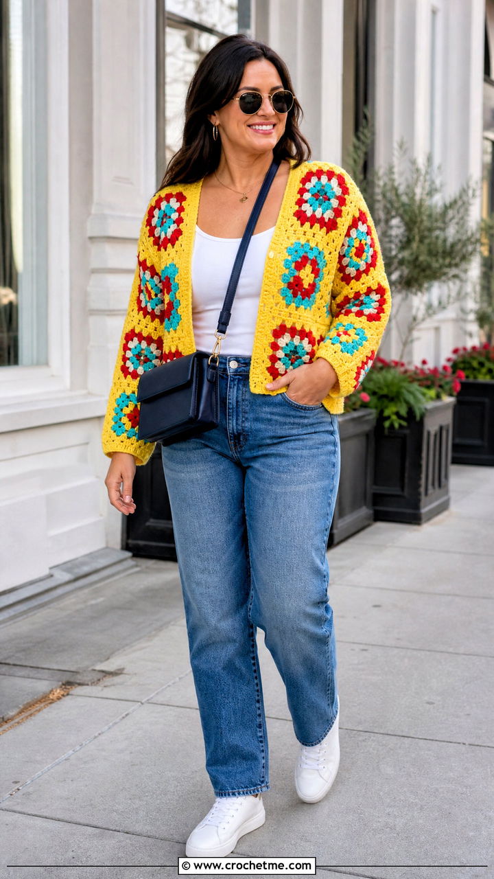 Granny Square Crochet Cardigan With Straight Leg Jeans - 35 cute crochet outfits ideas