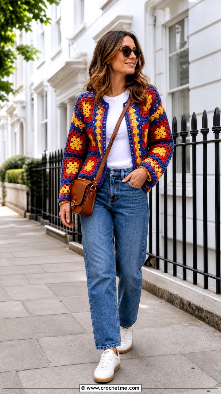 Granny Square Crochet Cardigan With Straight Leg Jeans - 35 easy crochet cardigan outfit ideas