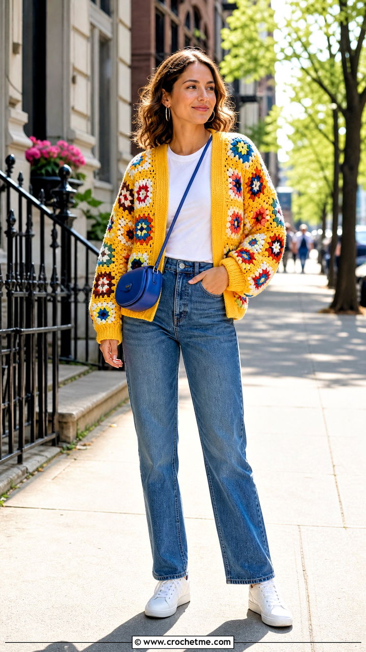 Granny Square Crochet Cardigan With Straight Leg Jeans - 35 easy crochet cardigan women outfit ideas