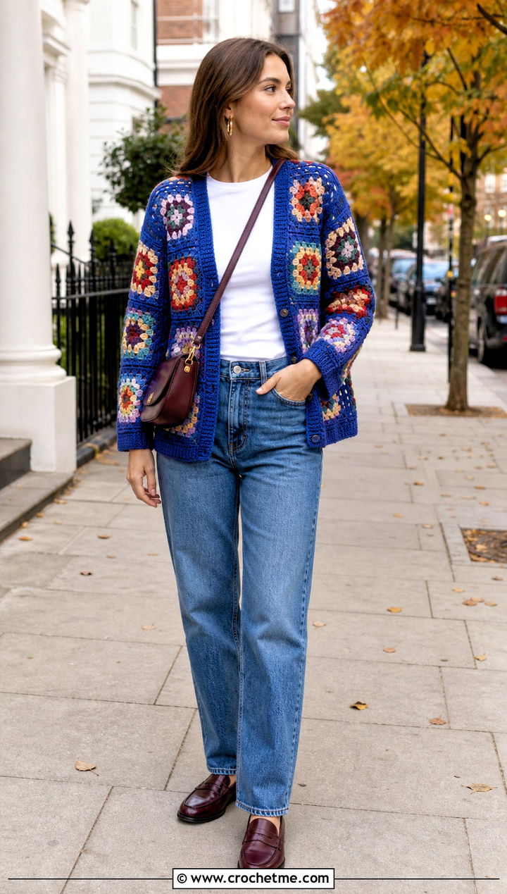 Granny Square Crochet Cardigan With Straight Leg Jeans - 35 fall crochet cardigan outfit ideas