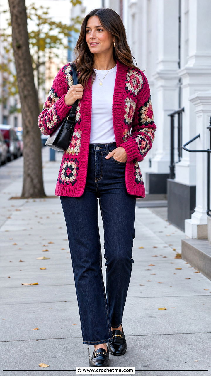 Granny Square Crochet Cardigan With Straight Leg Jeans - 35 fall crochet clothes and outfit ideas