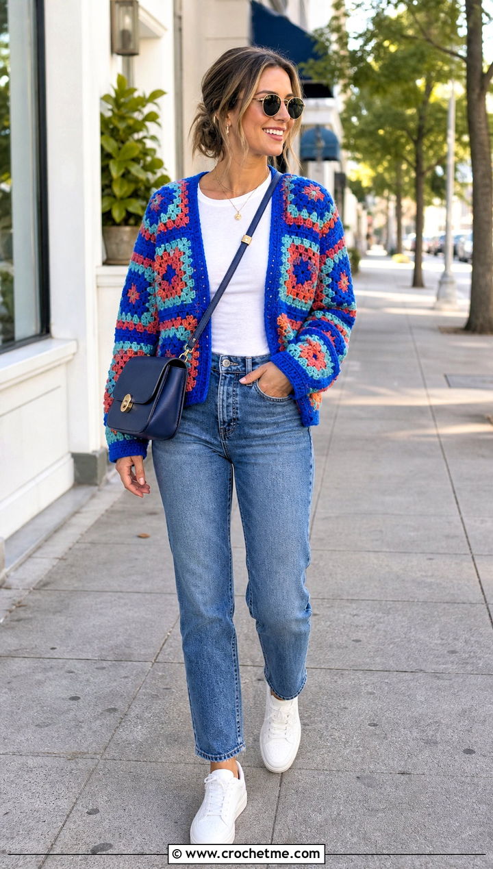 Granny Square Crochet Cardigan With Straight Leg Jeans - 35 ladies crochet cardigan outfit ideas