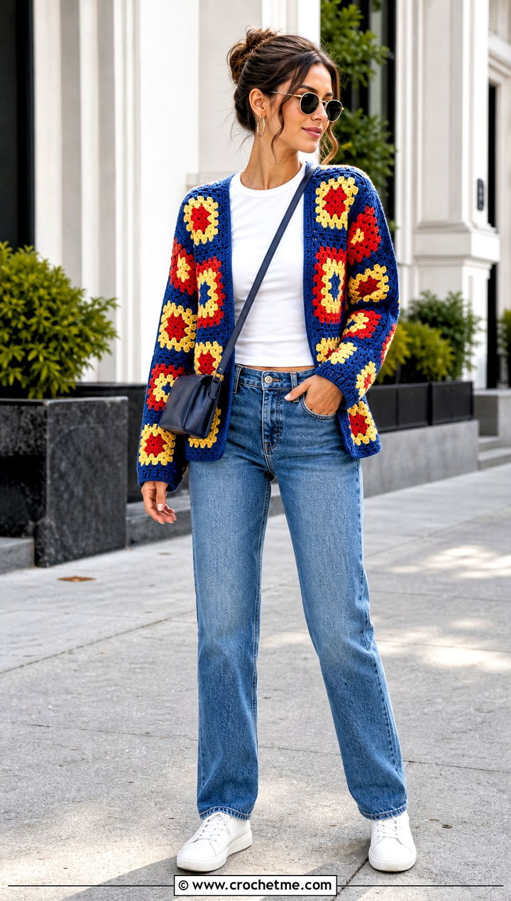 Granny Square Crochet Cardigan With Straight Leg Jeans - 35 whimsical crochet clothes and outfit ideas