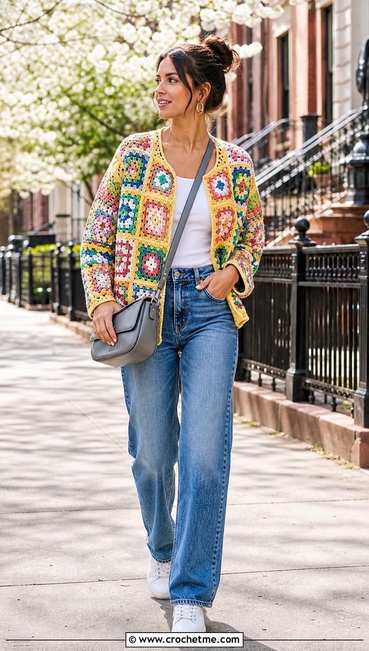 Granny Square Crochet Cardigan With Straight Leg Jeans - 30 crochet spring cardigan outfit ideas