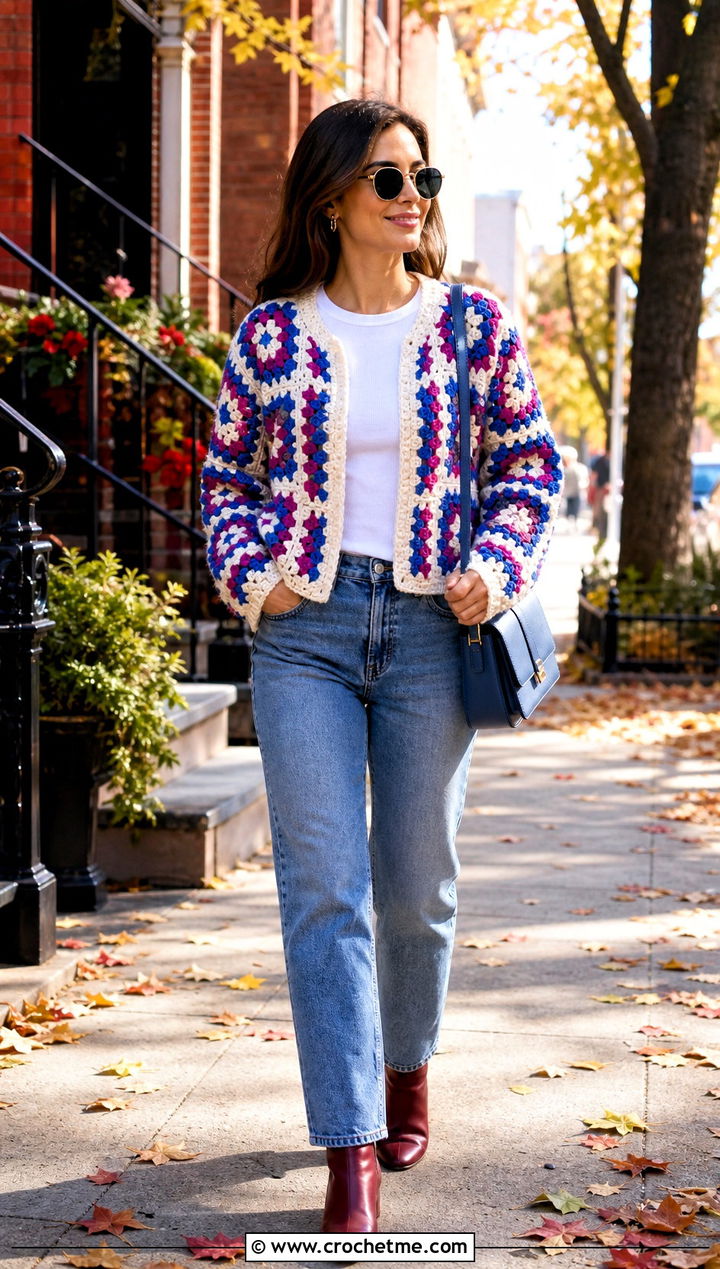 Granny Square Crochet Cardigan With Straight Leg Jeans - 25 Autumn Crochet Cardigan outfit ideas