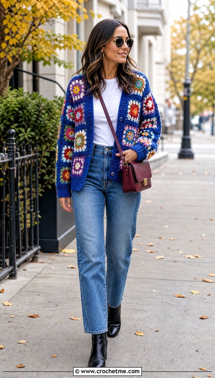 Granny Square Crochet Cardigan With Straight Leg Jeans - 25 Fall Crochet Outfit Ideas