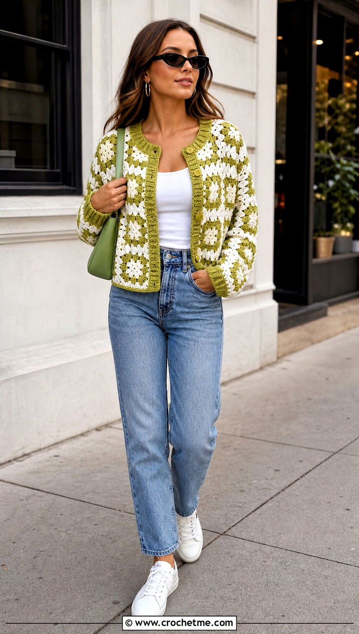 Granny Square Crochet Cardigan With Straight Leg Jeans - 25 green and white crochet cardigan outfit ideas