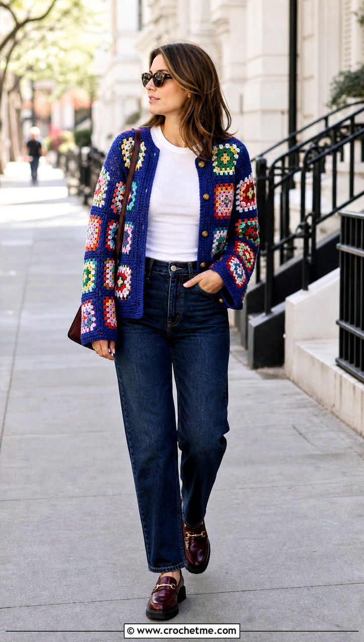 Granny Square Crochet Cardigan With Straight Leg Jeans - 15 classic crochet cardigan outfit ideas