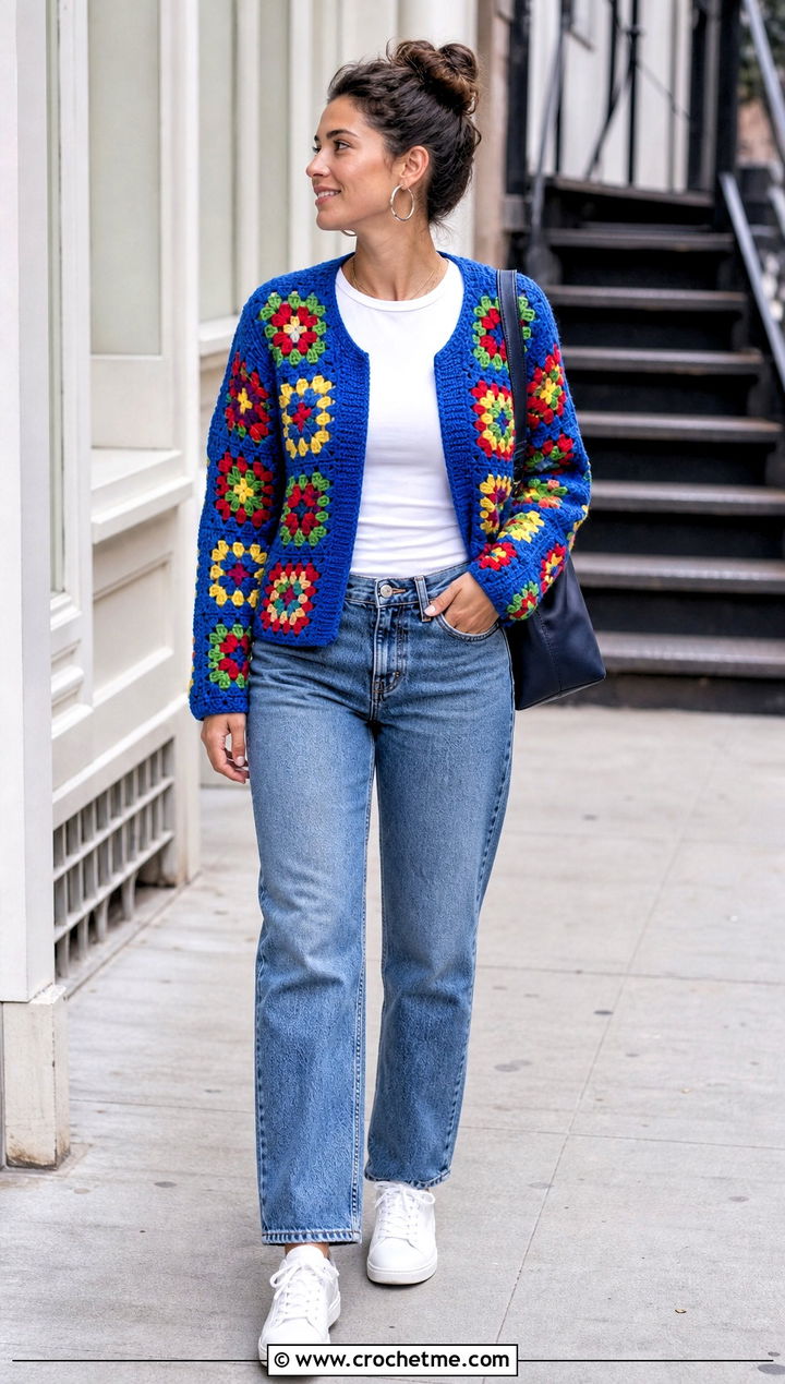 Granny Square Crochet Cardigan With Straight Leg Jeans - 15 colorful crochet clothing design outfit ideas
