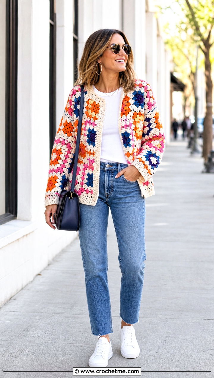 Granny Square Crochet Cardigan With Straight Leg Jeans - 15 colorful crocheted cardigan on hook outfit ideas