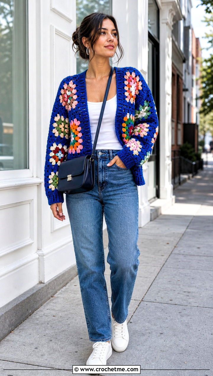 Granny Square Crochet Cardigan With Straight Leg Jeans - 15 crazy classic crochet cardigan outfit ideas