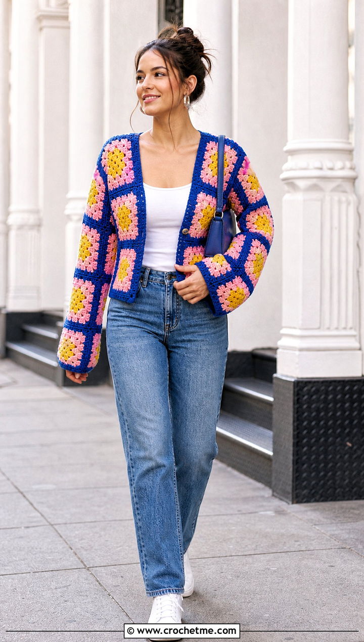 Granny Square Crochet Cardigan With Straight Leg Jeans - 15 Easy Crochet Cardigan Sweater outfit ideas