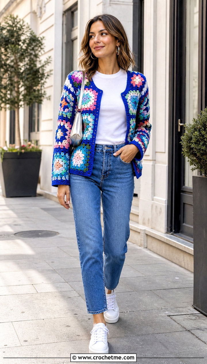 Granny Square Crochet Cardigan With Straight Leg Jeans - 15 Easy Crocheted Cardigan outfit ideas