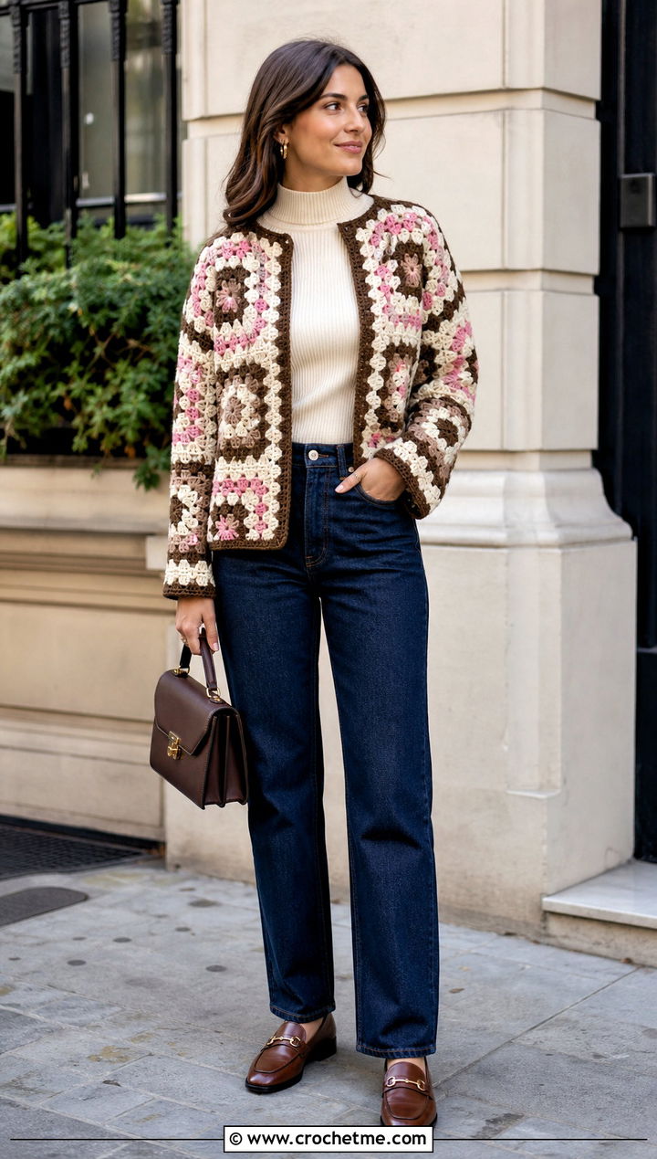 Granny Square Crochet Cardigan With Straight Leg Jeans - 15 neutral tone crochet cardigan outfit ideas