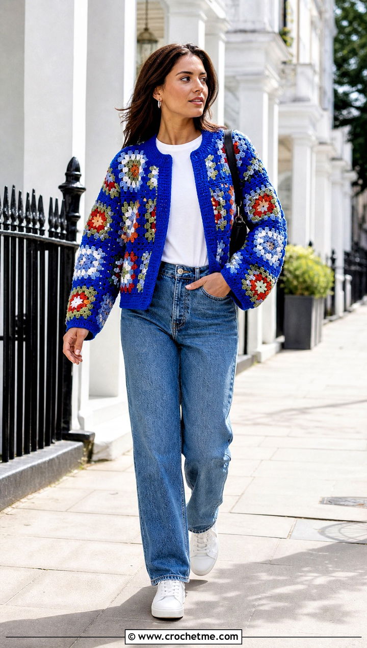 Granny Square Crochet Cardigan With Straight Leg Jeans - 15 trendy crochet cardigan outfit ideas