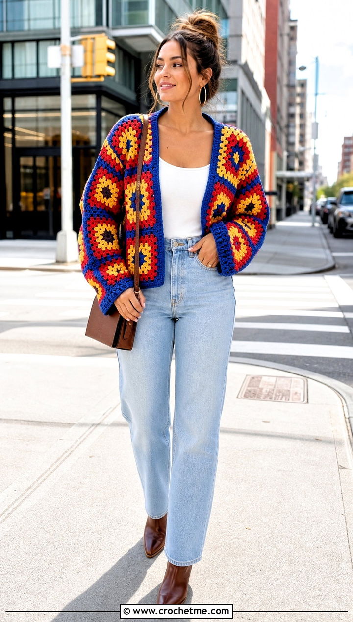 Granny Square Crochet Cardigan With Straight Leg Jeans - 20 bohemian crochet cardigan outfit ideas