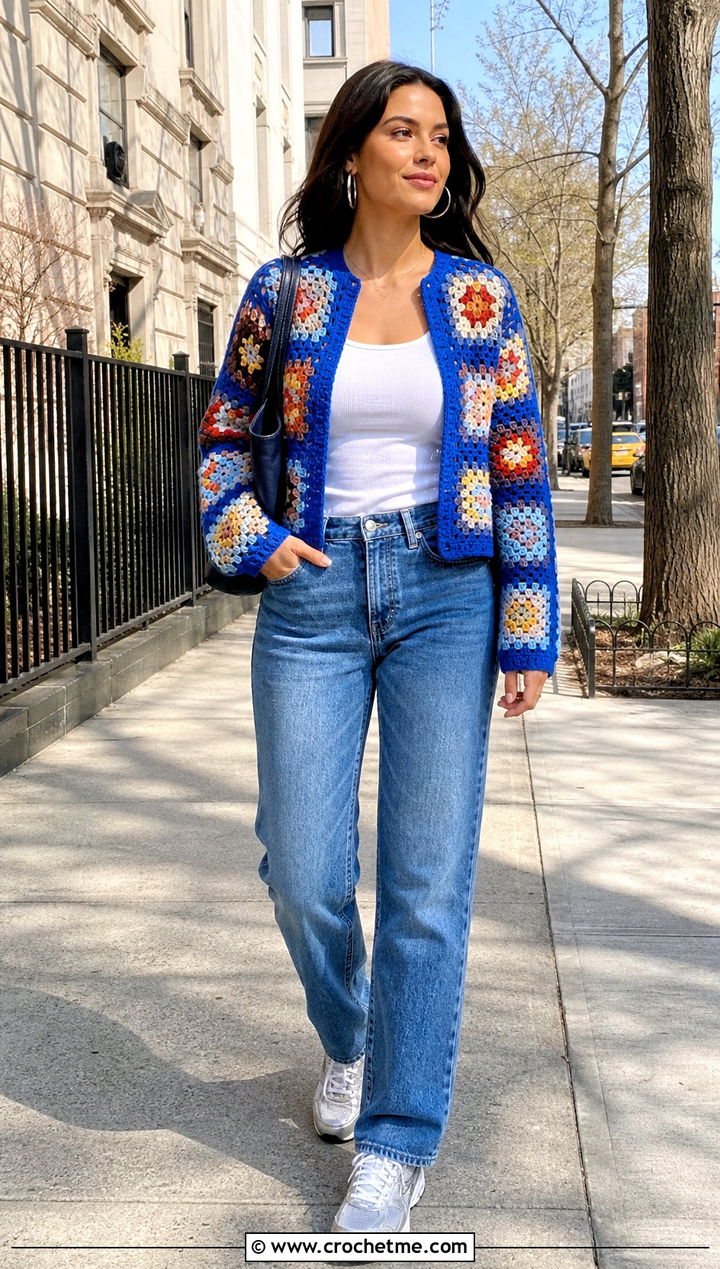 Granny Square Crochet Cardigan With Straight Leg Jeans - 20 Crochet Cardigan For Women Sweater Coats outfit ideas