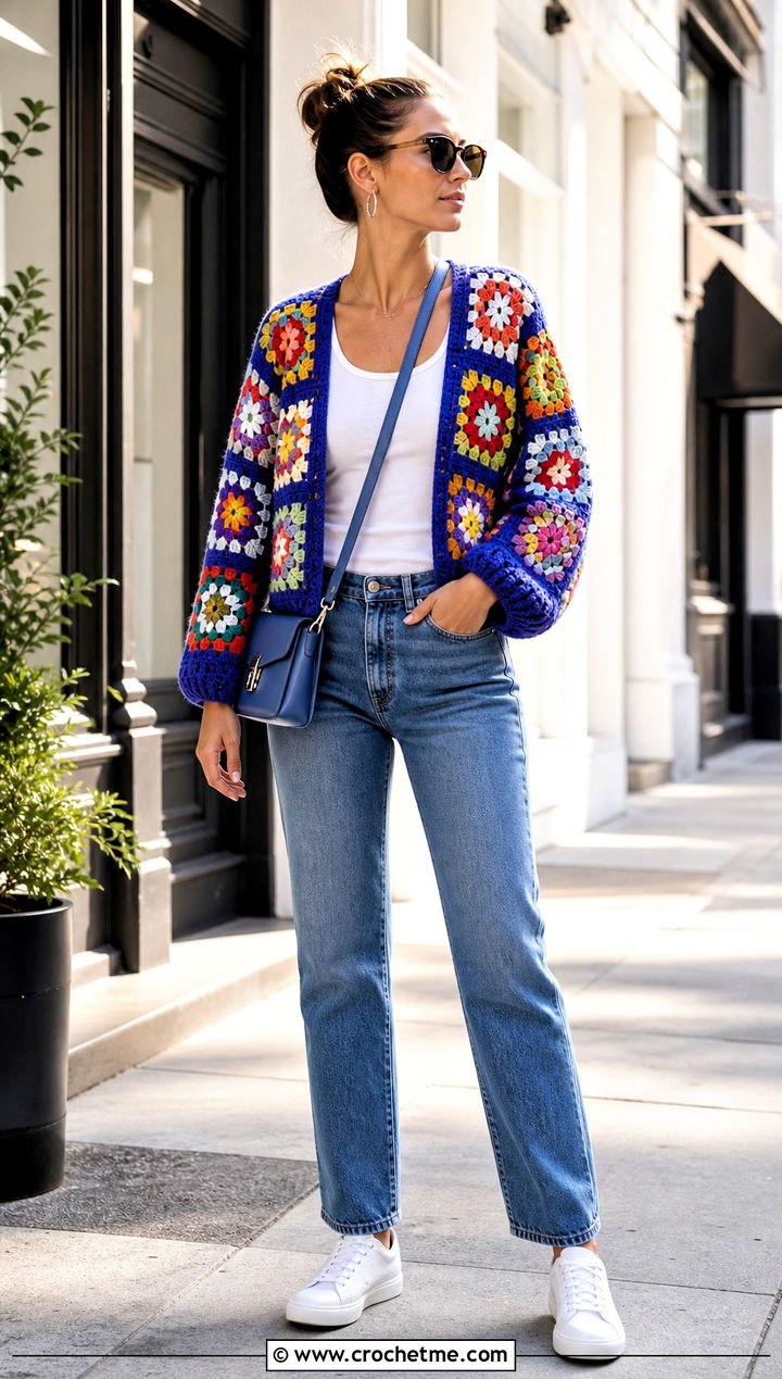 Granny Square Crochet Cardigan With Straight Leg Jeans - 20 crochet for ladies cardigans outfit ideas