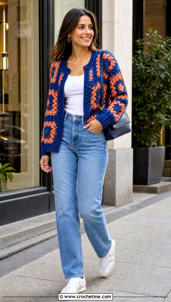 Granny Square Crochet Cardigan With Straight Leg Jeans - 30 cute crochet cardigans outfit ideas