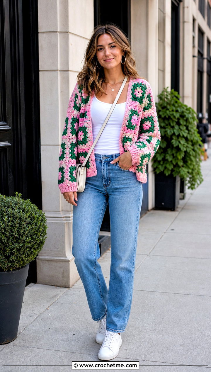 Granny Square Crochet Cardigan With Straight Leg Jeans - 25 Crochet Cardigan Outfit Aesthetic outfit ideas