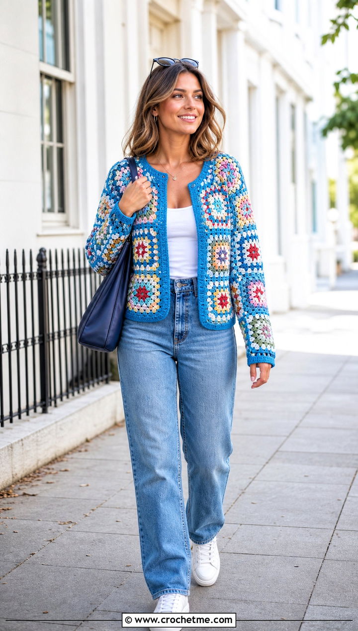 Granny Square Crochet Cardigan With Straight Leg Jeans - 30 cute crochet clothing and outfit ideas