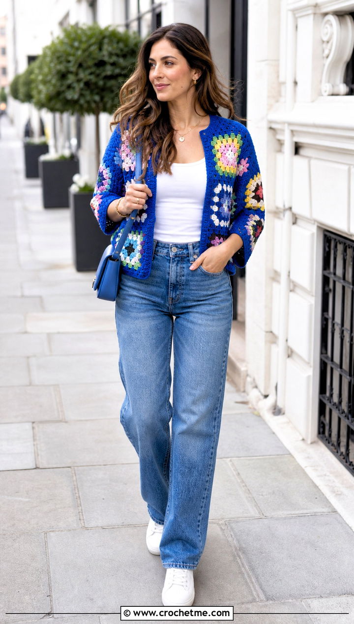 Granny Square Crochet Cardigan With Straight Leg Jeans - 30 diy crochet cardigan outfit ideas