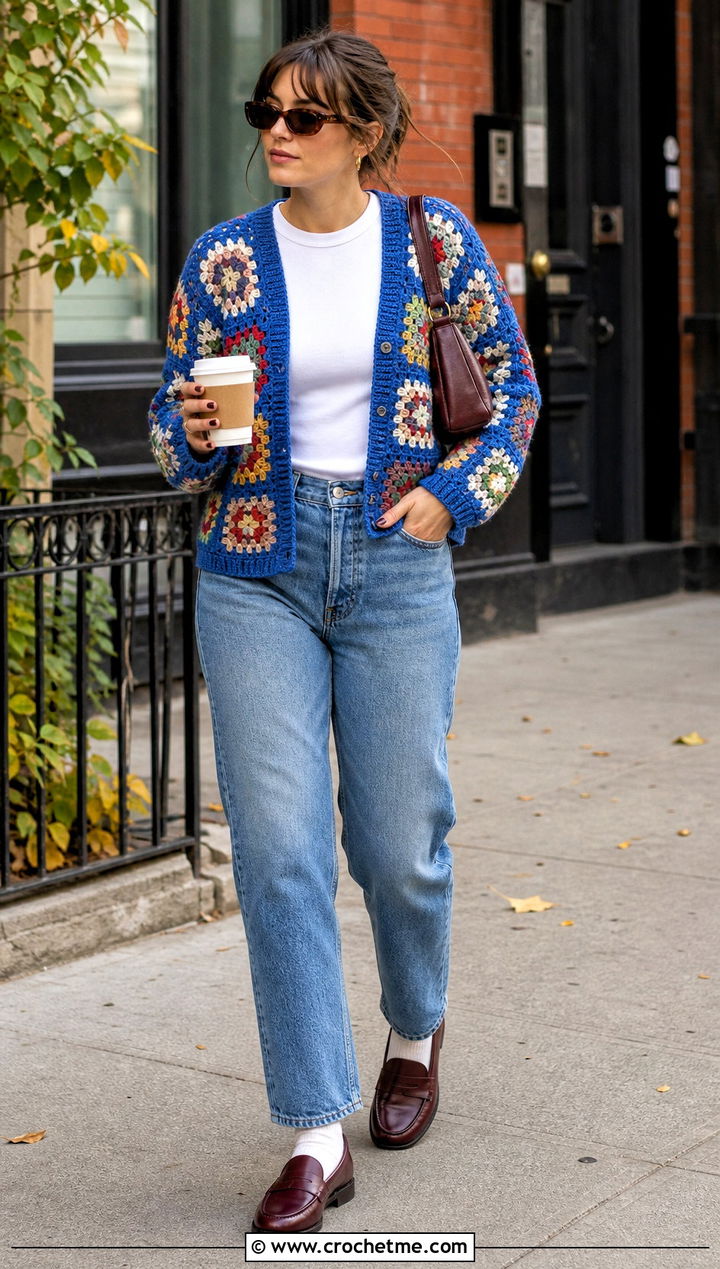 Granny Square Crochet Cardigan With Straight Leg Jeans - 30 Fall Crochet Clothes Ideas