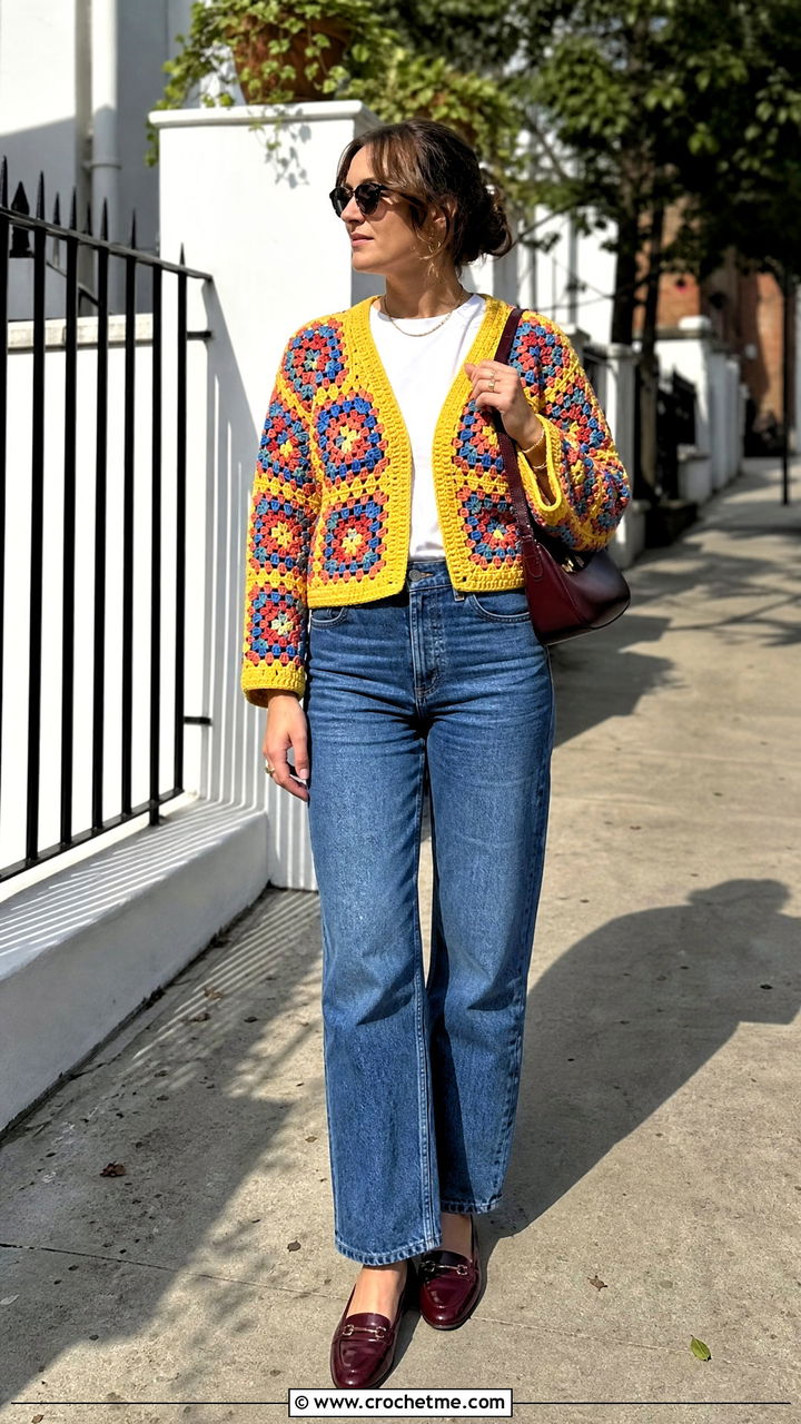 Granny Square Crochet Cardigan With Straight Leg Jeans - 35 aesthetic crochet clothes and outfit ideas