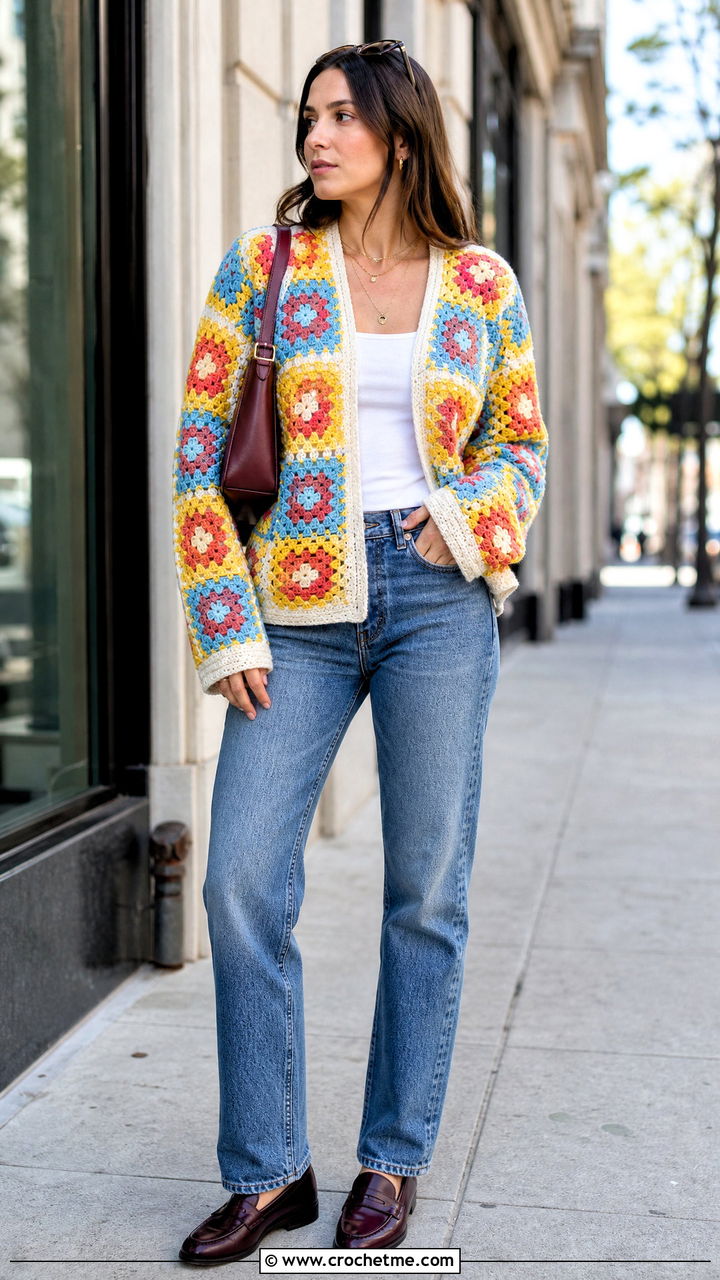 Granny Square Crochet Cardigan With Straight Leg Jeans and Loafers - 35 crochet clothes ideas