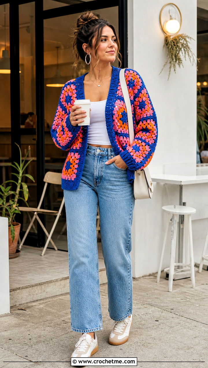 Granny Square Crochet Cardigan With Straight Leg Jeans - 30 crochet cardigan design outfit ideas