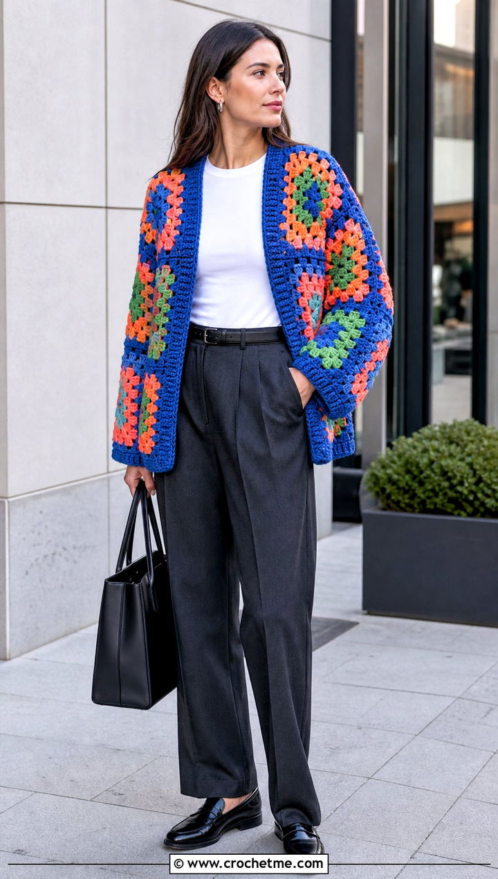 Granny Square Crochet Cardigan With Tailored Trousers - 30 bulky yarn crochet sweater outfit ideas