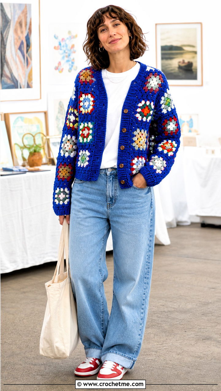 Granny Square Crochet Cardigan With White T Shirt And Denim - 25 basic crochet cardigan outfit ideas