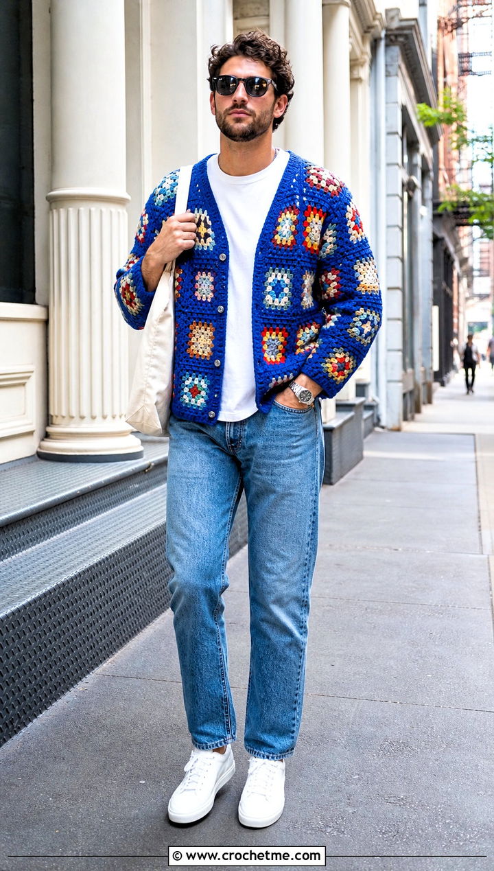 Granny Square Crochet Cardigan With White Tee and Jeans - 20 men's crochet cardigan outfit ideas