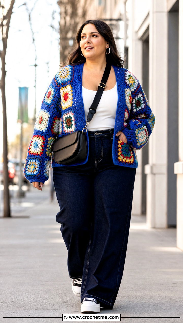 Granny Square Crochet Cardigan With Wide Leg Jeans - 35 plus size crochet outfit ideas