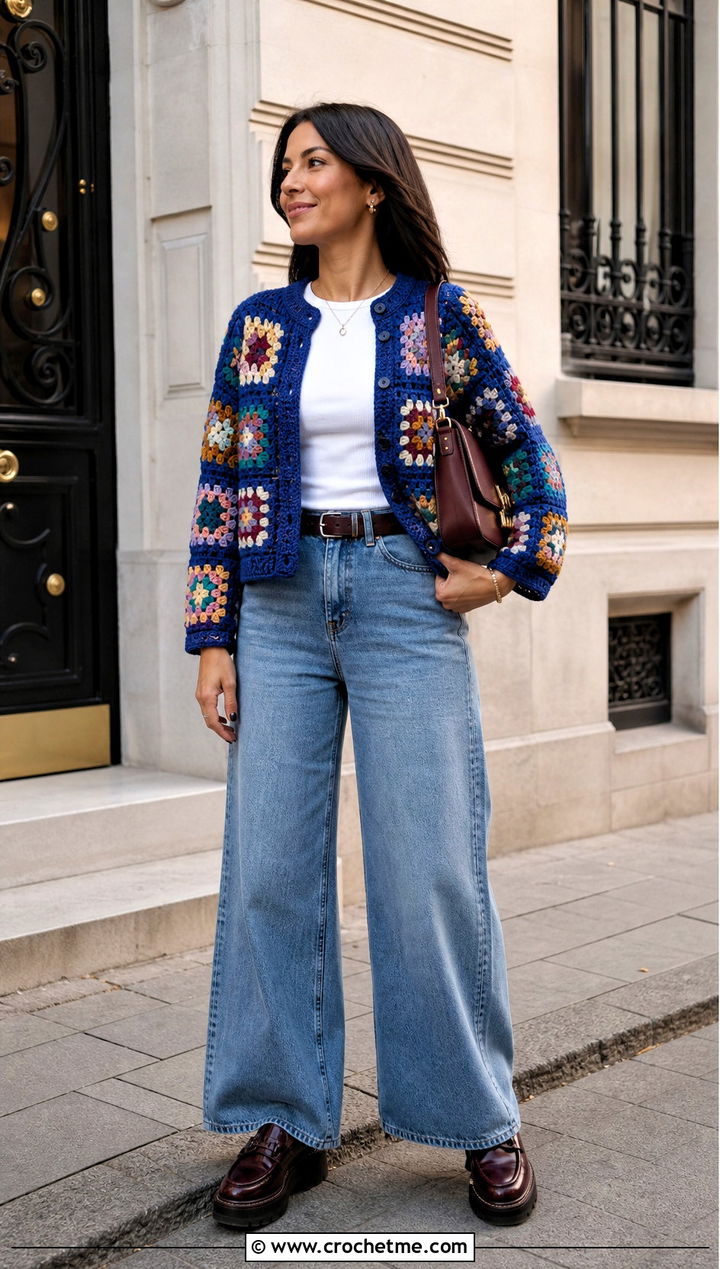 Granny Square Crochet Cardigan With Wide Leg Jeans - 15 Autumn Crochet Cardigan Style outfit ideas