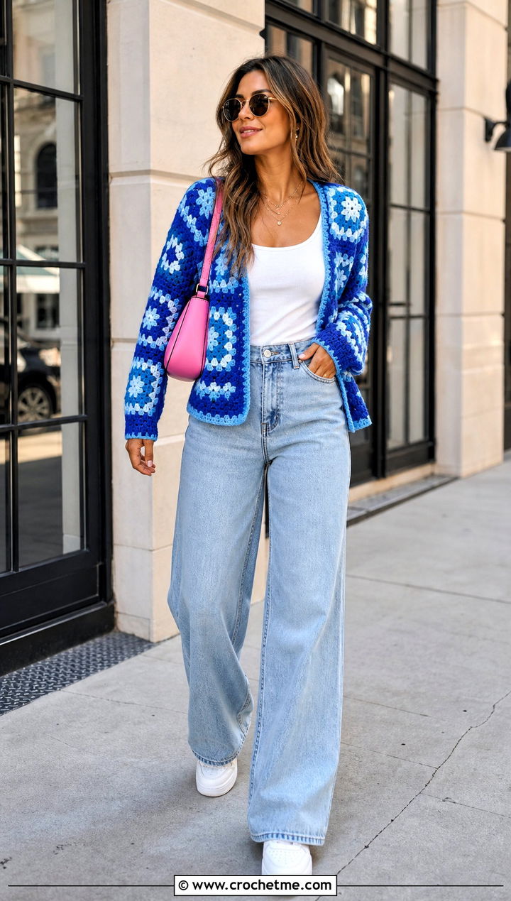 Granny Square Crochet Cardigan With Wide Leg Jeans - 15 Barbie Inspired Crochet Outfits ideas