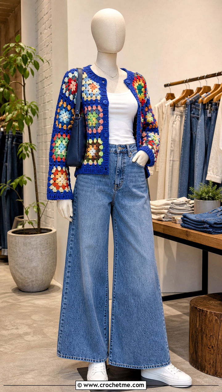 Granny Square Crochet Cardigan With Wide Leg Jeans - 15 Crochet Cardigan On Mannequin outfit ideas