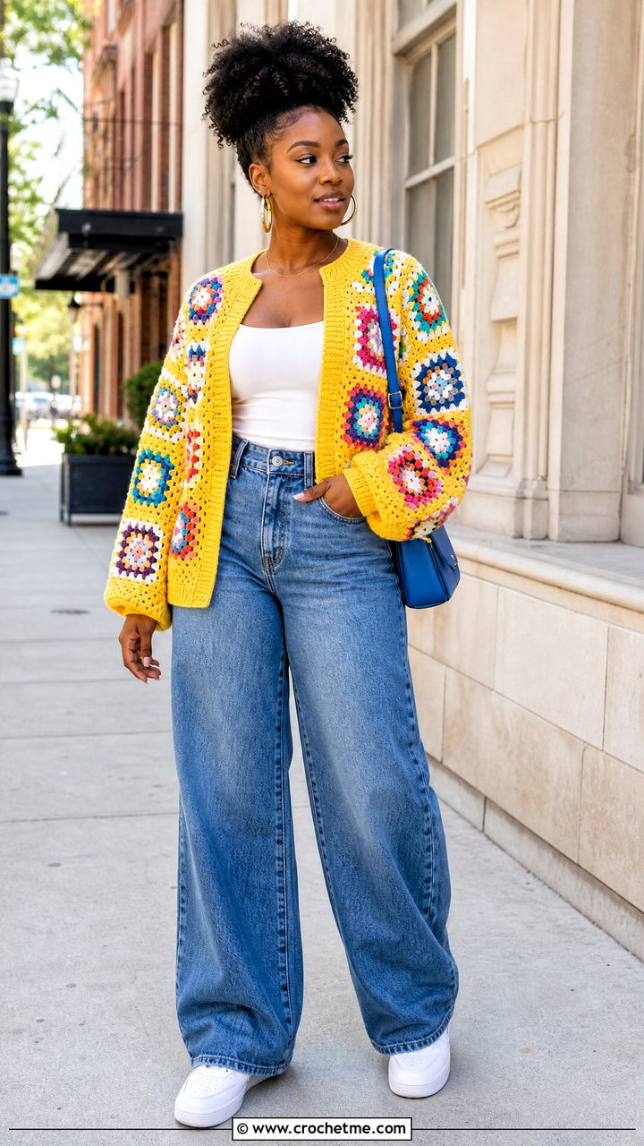 Granny Square Crochet Cardigan With Wide Leg Jeans - 35 crochet outfits black women outfit ideas