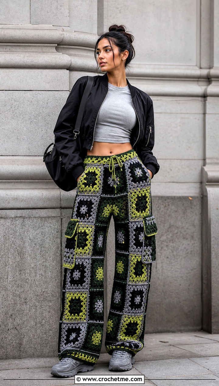 Granny Square Crochet Cargo Pants With Bomber Jacket - 25 Granny Square Crochet Pants outfit ideas