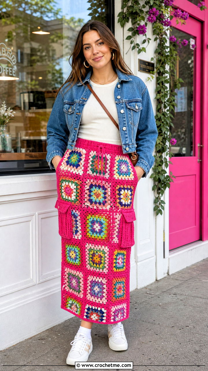 Granny Square Crochet Cargo Skirt With Denim Jacket - 35 crochet cargo skirt outfit ideas