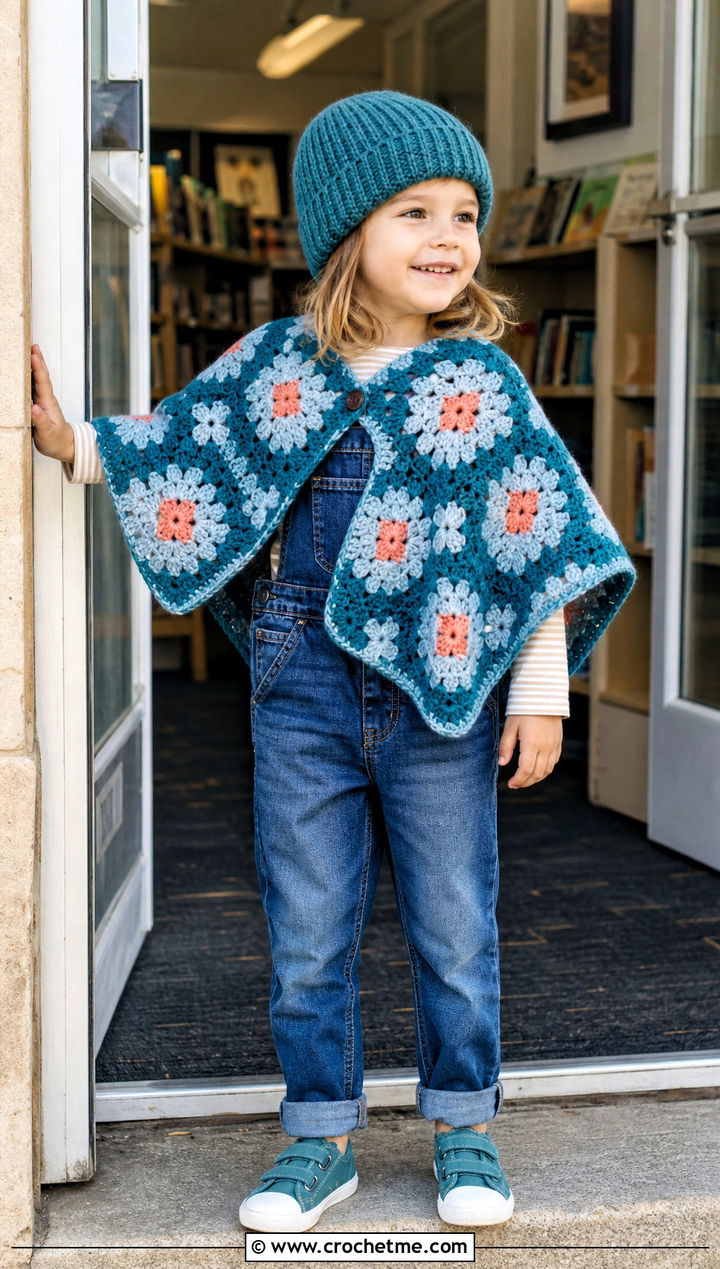 Granny Square Crochet Carseat Poncho With Denim Overalls - 25 Crochet Carseat Poncho outfit ideas