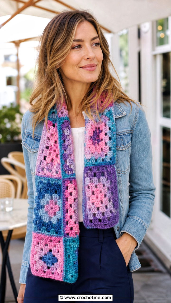 Granny Square Crochet Cashmere Scarf With Denim Jacket - 25 crochet cashmere scarf outfit ideas