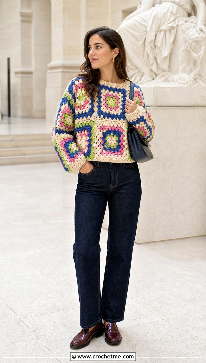Granny Square Crochet Cashmere Sweater With Straight Leg Jeans - 30 crochet cashmere sweater outfit ideas