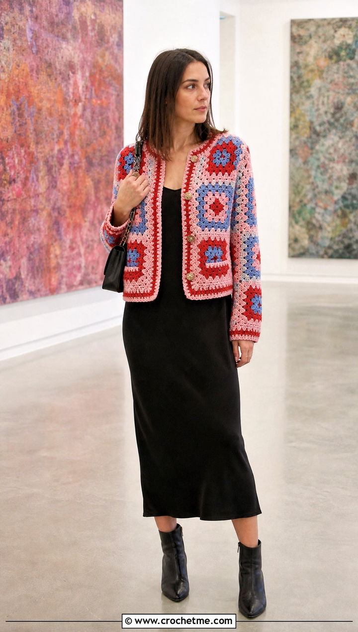 Granny Square Crochet Chanel Jacket With Black Slip Dress - 30 crochet chanel jacket outfit ideas