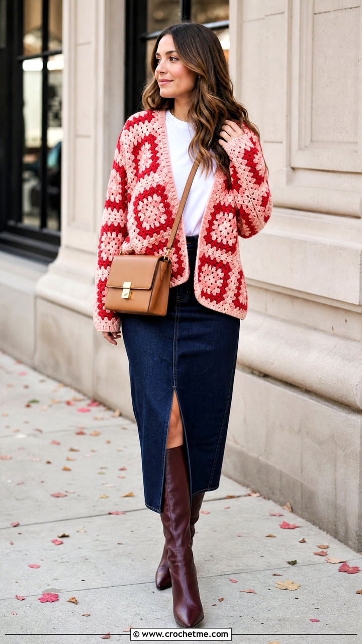 Granny Square Crochet Checkered Cardigan With Denim Midi Skirt - 35 crochet checkered cardigan outfit ideas