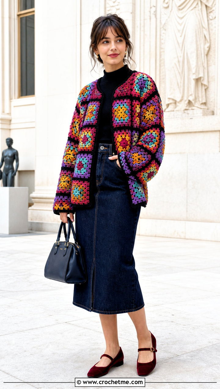 Granny Square Crochet Chenille Cardigan With Denim Midi Skirt - 30 crochet chenille cardigan outfit ideas