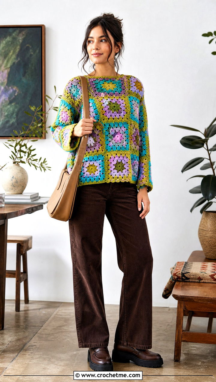 Granny Square Crochet Chenille Sweater With Corduroy Pants - 25 crochet chenille sweater outfit ideas