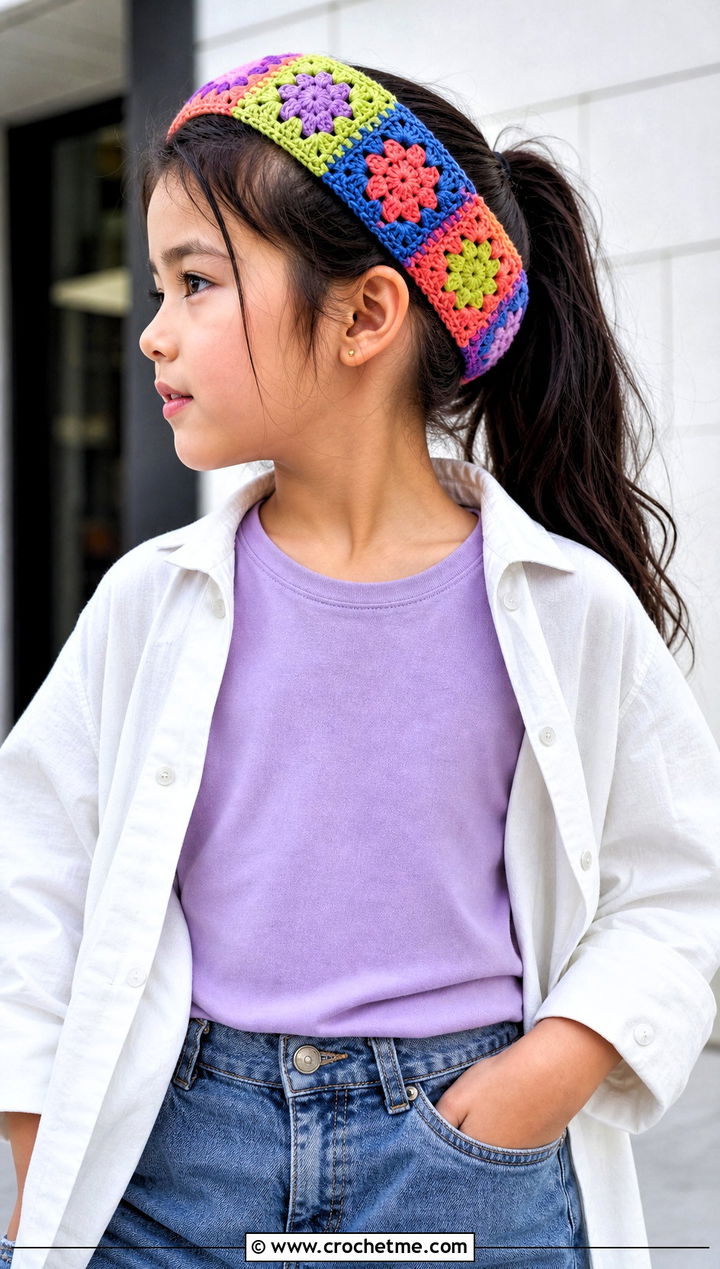 Granny Square Crochet Child Headband With Wide Leg Jeans - 20 Crochet Childs Headband outfit ideas