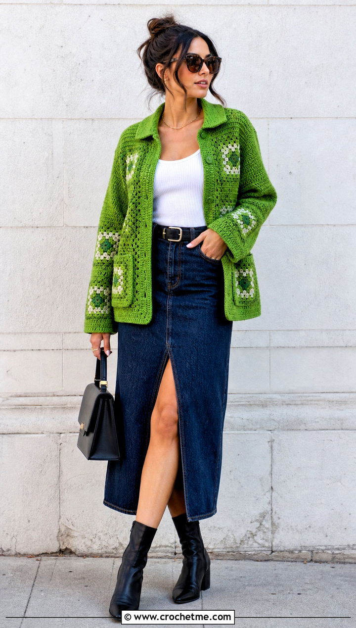 Granny Square Crochet Chore Jacket With Denim Midi Skirt - 15 Granny Square Crochet Coats & Jackets outfit ideas