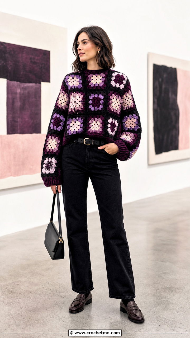 Granny Square Crochet Chunky Sweater With Black Jeans - 35 crochet chunky sweater outfit ideas